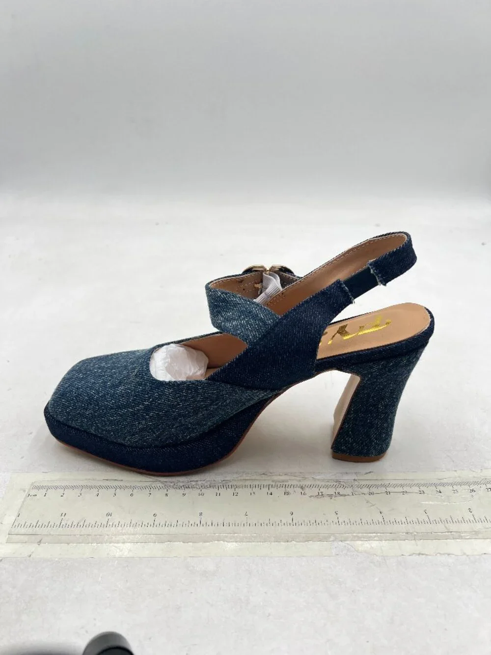 FYS Denim Blue Platform Square Toe Chunky High Heel Mary Janes Slingback Pumps